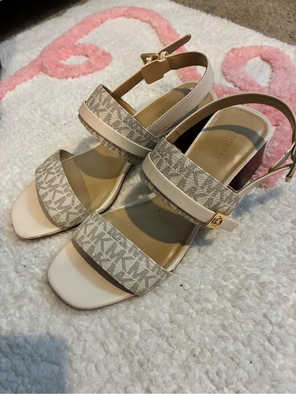 Michael Kors Beige Signature Logo Strap Heeled Sandals